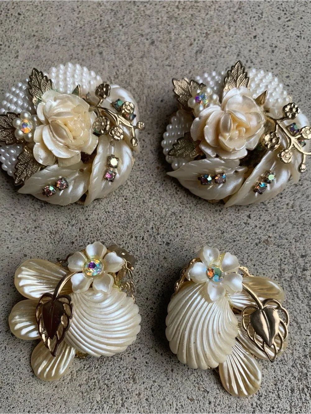 Vintage Set of 2 White Carved Floral Borialis Rhinestone Clip Earrings